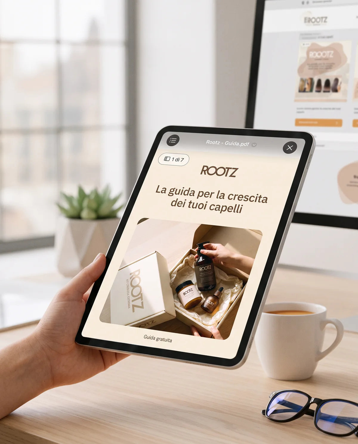 La guida ROOTZ per la crescita dei capelli, aperta su un tablet tenuto in mano